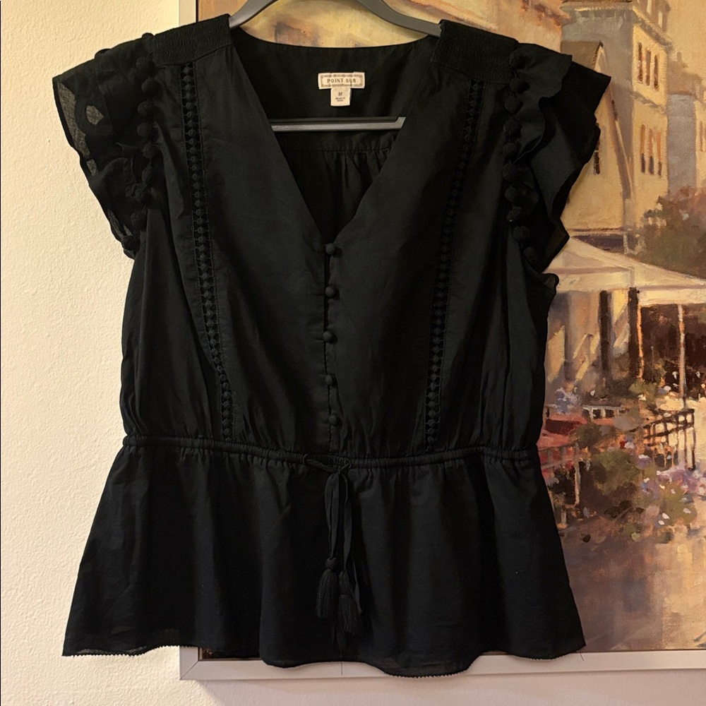 Point Sur J.Crew Black Peplum Blouse M | Ruffle Sleeve Tassel Tie Boho Top - Picture 2 of 6
